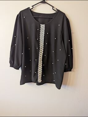 Black Pearl-Embellished Women's Blouse 99% Polyester 5% Spandex XL